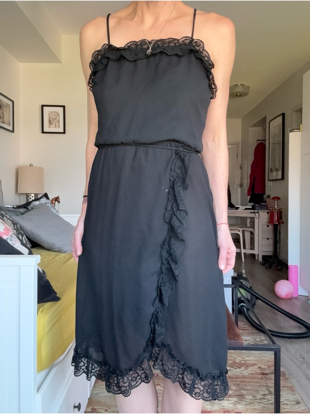 Vintage 80s/90s Out of Sight Black Lace Chiffon Midi Dress – Size 3/4 (As-Is)